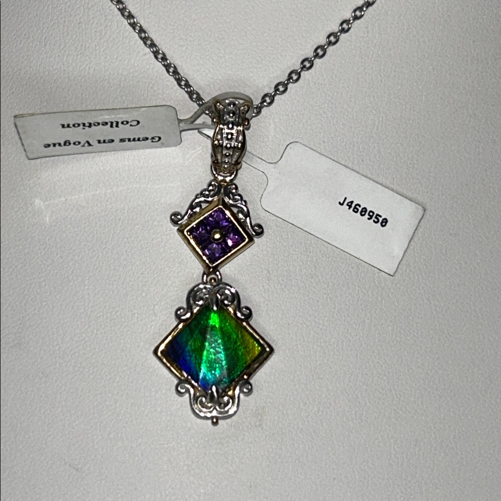 Nwt Genuine Ammolite Amethyst Sterling Silver Palladium Gold Accents Necklace 150$
